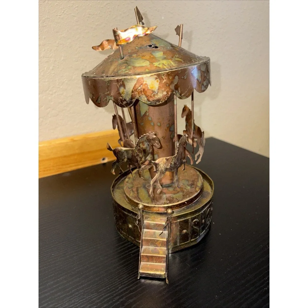 Vintage Copper Wind-Up Musical Carousel Horses 1960s MCM Works